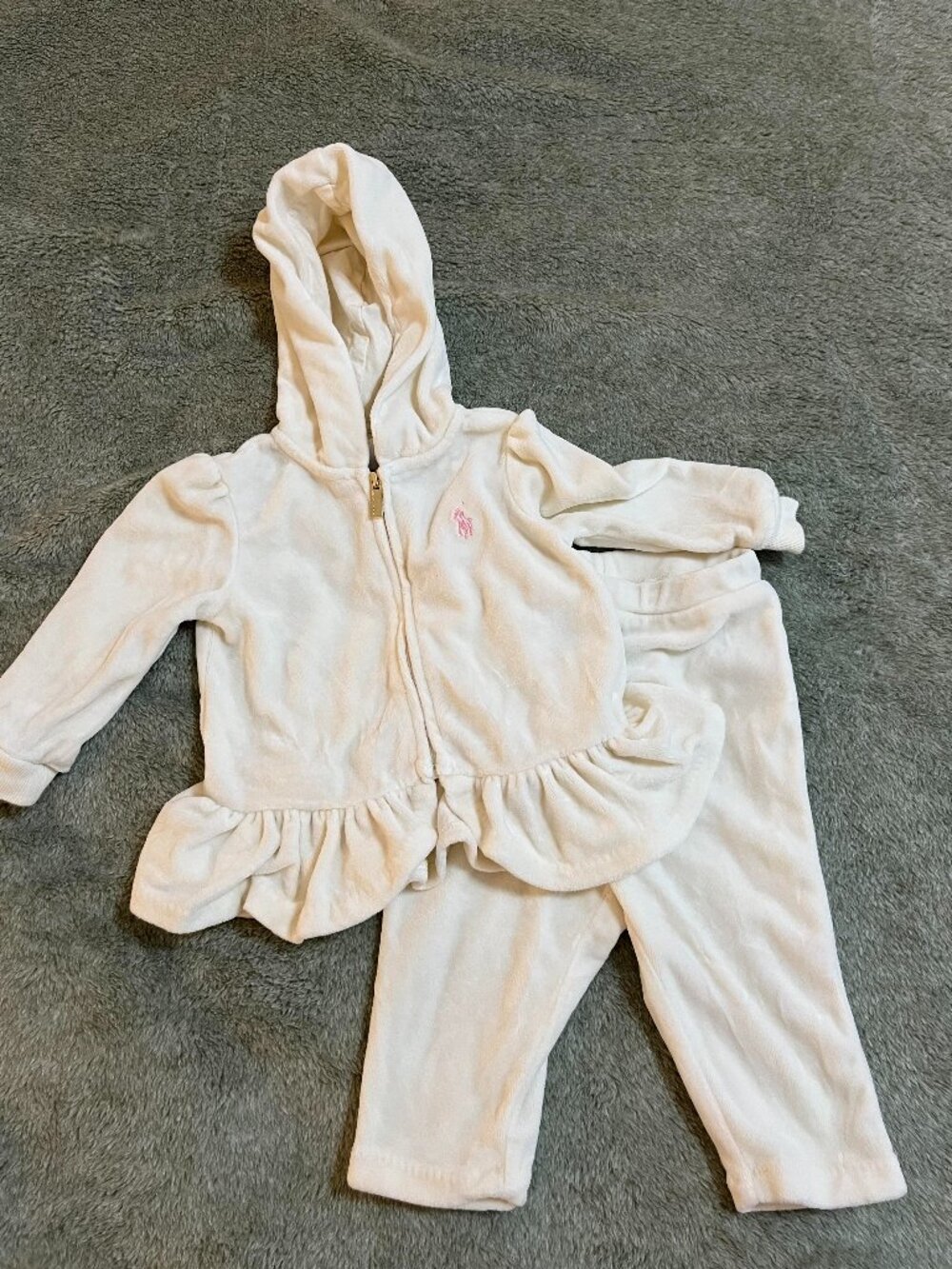 Ralph Lauren Baby Girls Velour Peplum Zip Hoodie Pants Set Ivory Pink Pony 6M